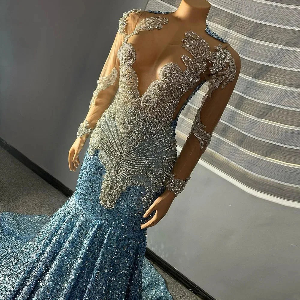 Sparkly Long Prom Dresses Luxury Sparkly Beaded Diamond Sexy Mermaid Sheer Top Black Girl Sky Blue Sequin Prom Gala Gowns