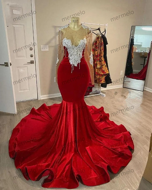 Red Velvet Trumpet African Prom Dress with Long Sleeve Sheer Neck Crystal Applique Tassel Evening Birthday Party Gown