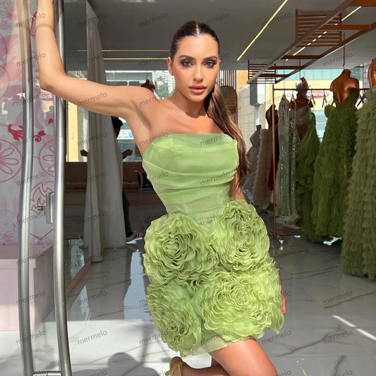 Grass Green Bloom Women Short Dresses To Birthday Wedding Party Pretty Flower Mini Propose Party Dress