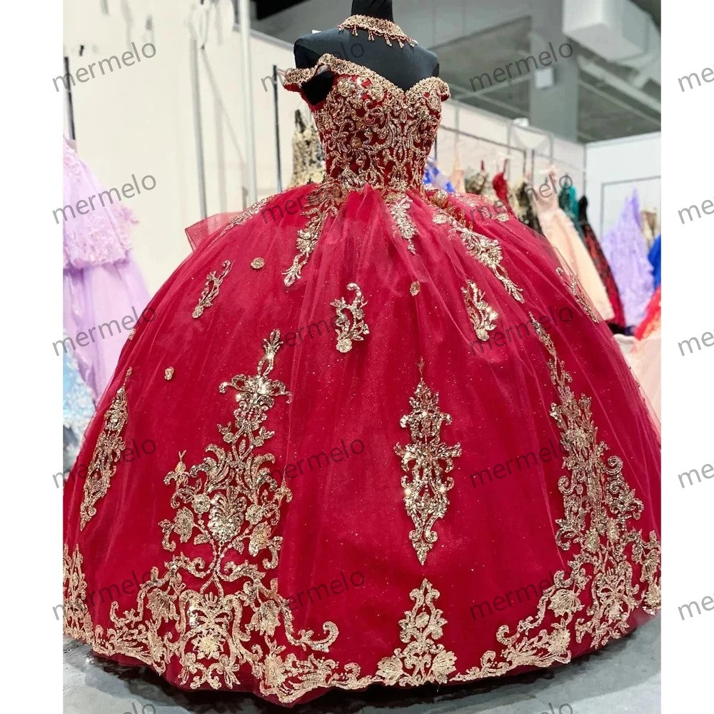 Glittering Quinceanera Dresses Gold Lace Appliques
