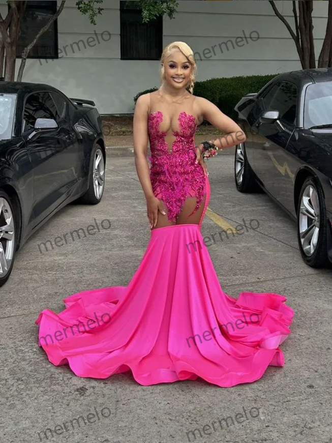 Pink Prom Dresses Black Girls Sexy Rhinestone Sequins Birthday Party Gowns