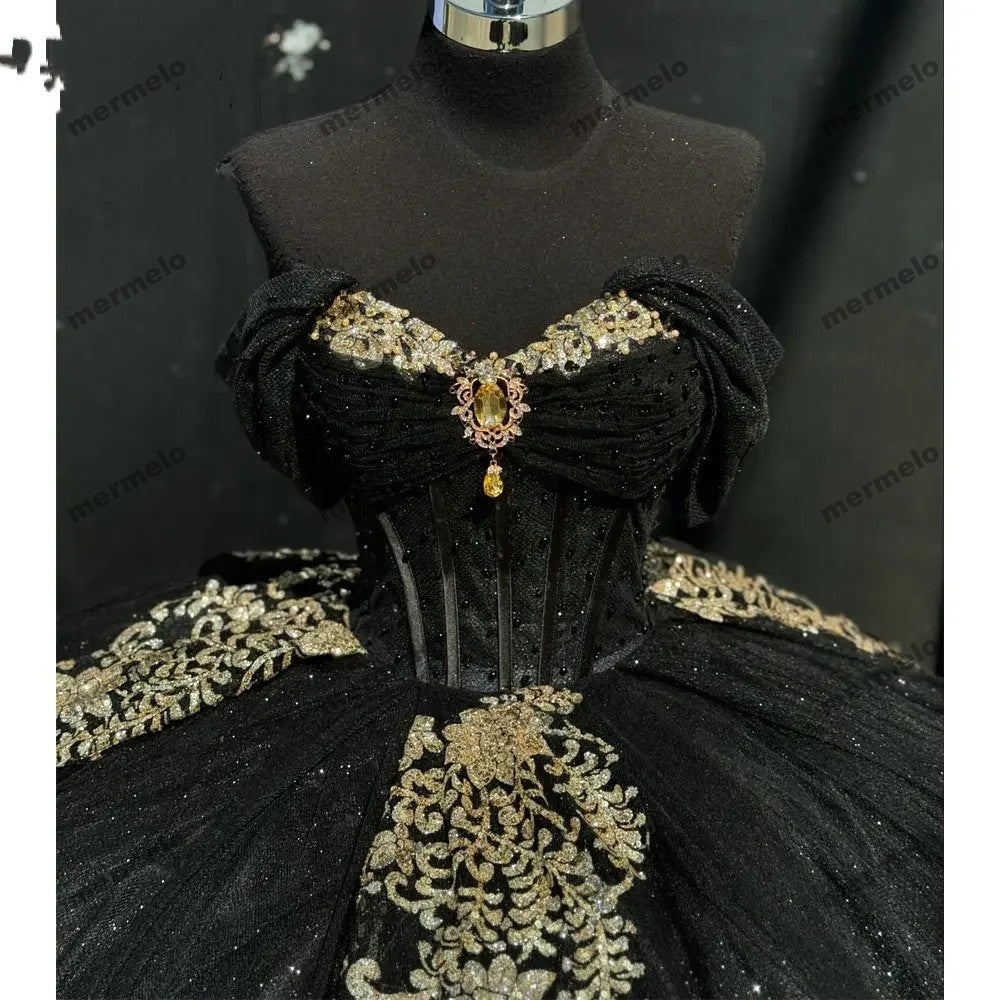 Black Gold Sequined Appliques Prom Party Dress