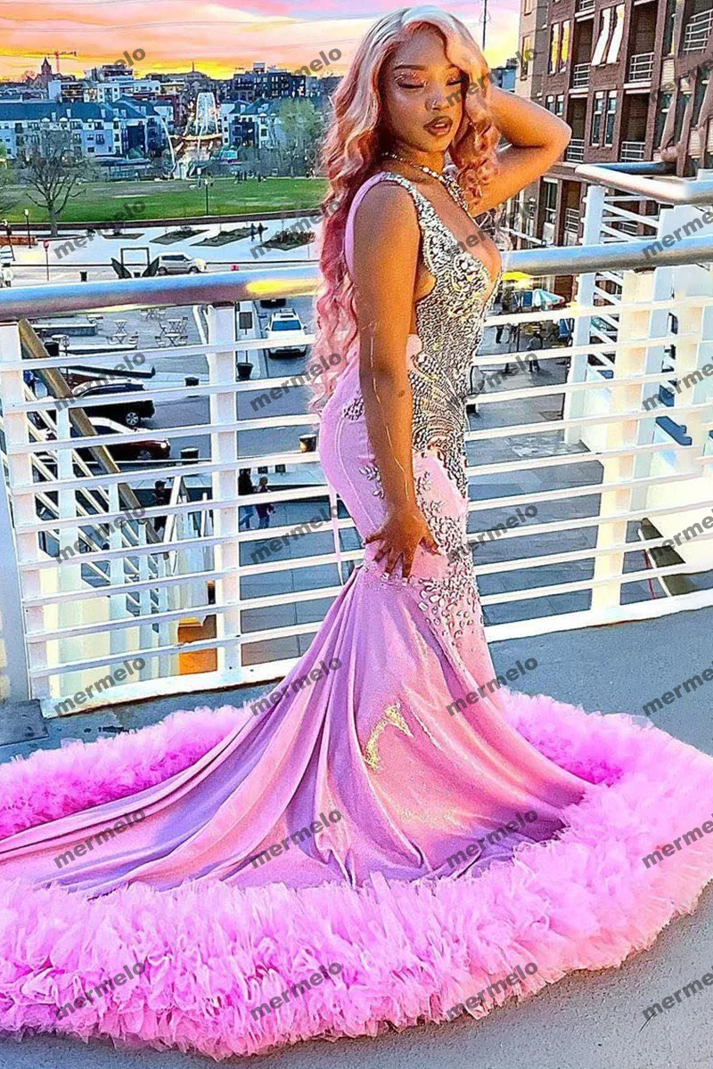 Exquisite Mermaid Bride Dresses Paillette Tulle Lace Draped Pleat Crystal Sleeveless Open Back Prom Dress Robe de soirée