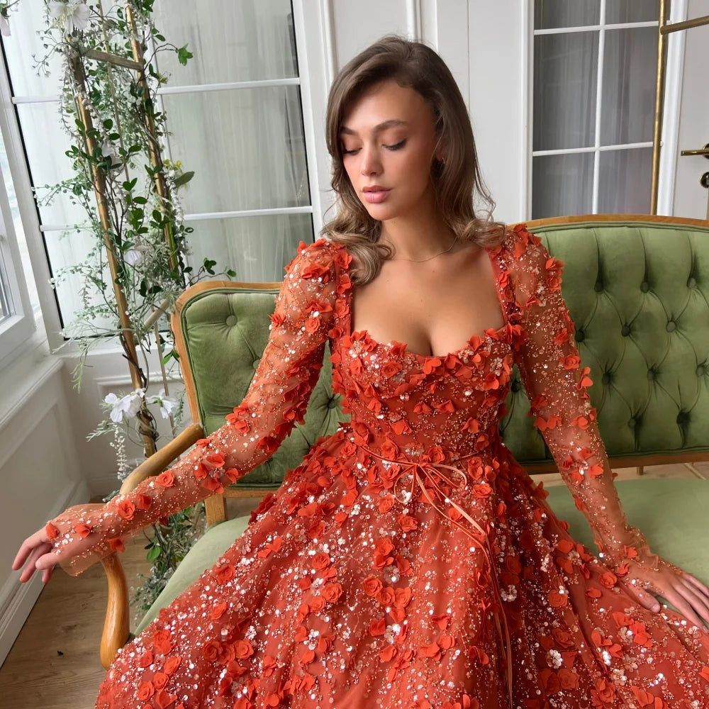 Customize Red 3D Flowers Lace robes de soirée Long Sleeves Backless Strapless Prom Dresses Floor-Length Wedding Dress