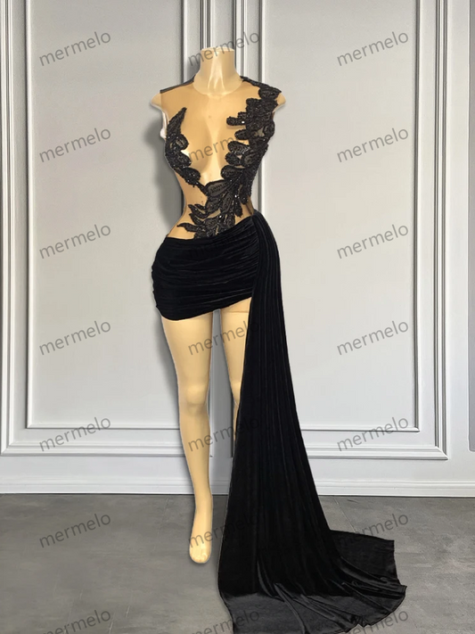 Black Mini Birthday Party Cocktail Dress Sexy See Through Appliques Black Girls Short Prom Dress with Side Train Customized