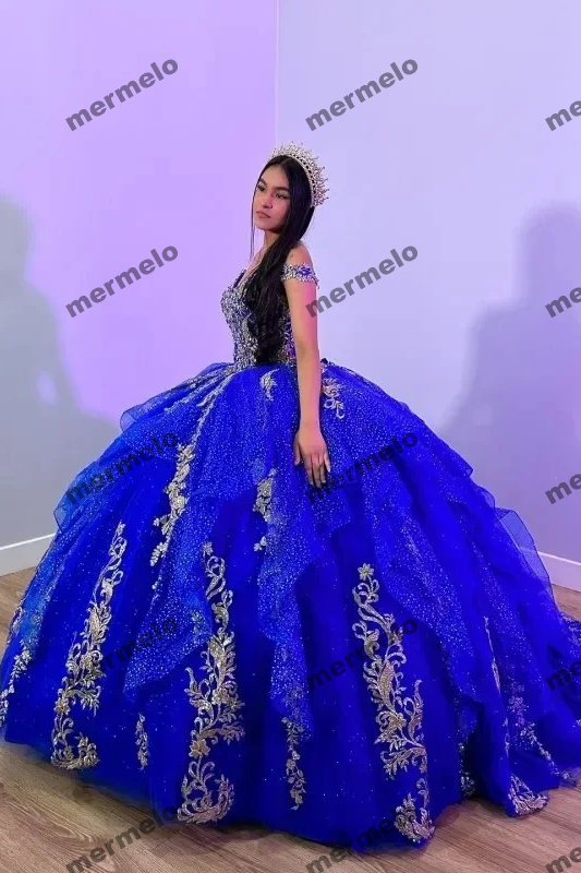 Royal Blue Mexican Quinceanera Dresses Crytals Gold Beading Lace Birthday Party Princess Gown