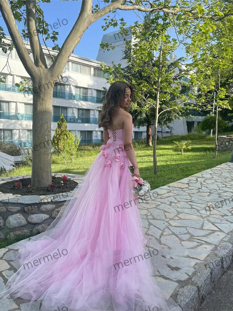 Baby Pink 3D Flowers Prom Dresses Strapless Slit Women Evening Gowns