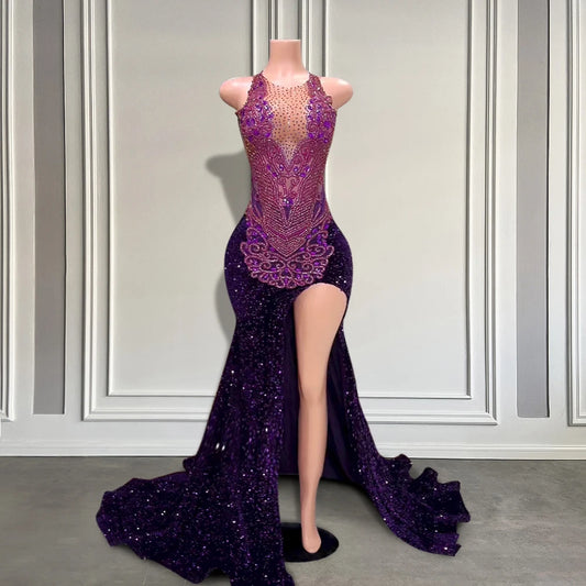 Stunning Purple High Slit Sequin Prom Dresses 2025 Long Beaded Crystals Luxurious Birthday Gowns for Black Girls Customized