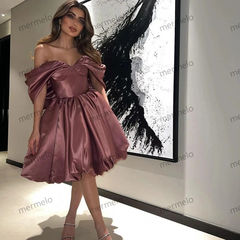 Off Shoulder Satin Evening Dress Short Girl Birthday Prom Dress A-line Evening Party Dresses Formal Occasion Gown