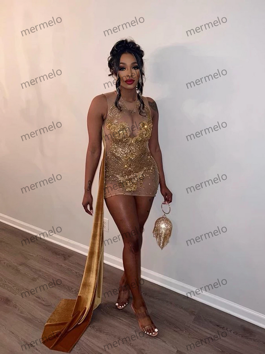 Diamond Sheer O-neck Women Birthday Party Gowns Side Train Gold Velvet