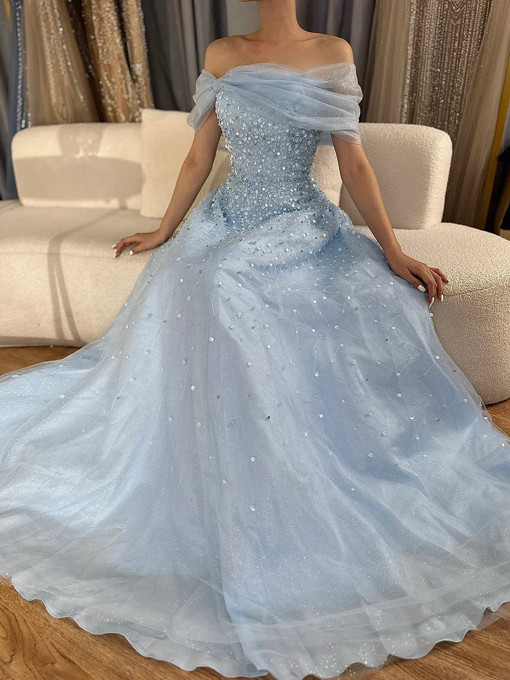 Arabic Blue Off The Shoulder Beaded Elegant A-Line Long Evening Dresses Gowns for Formal Occasion