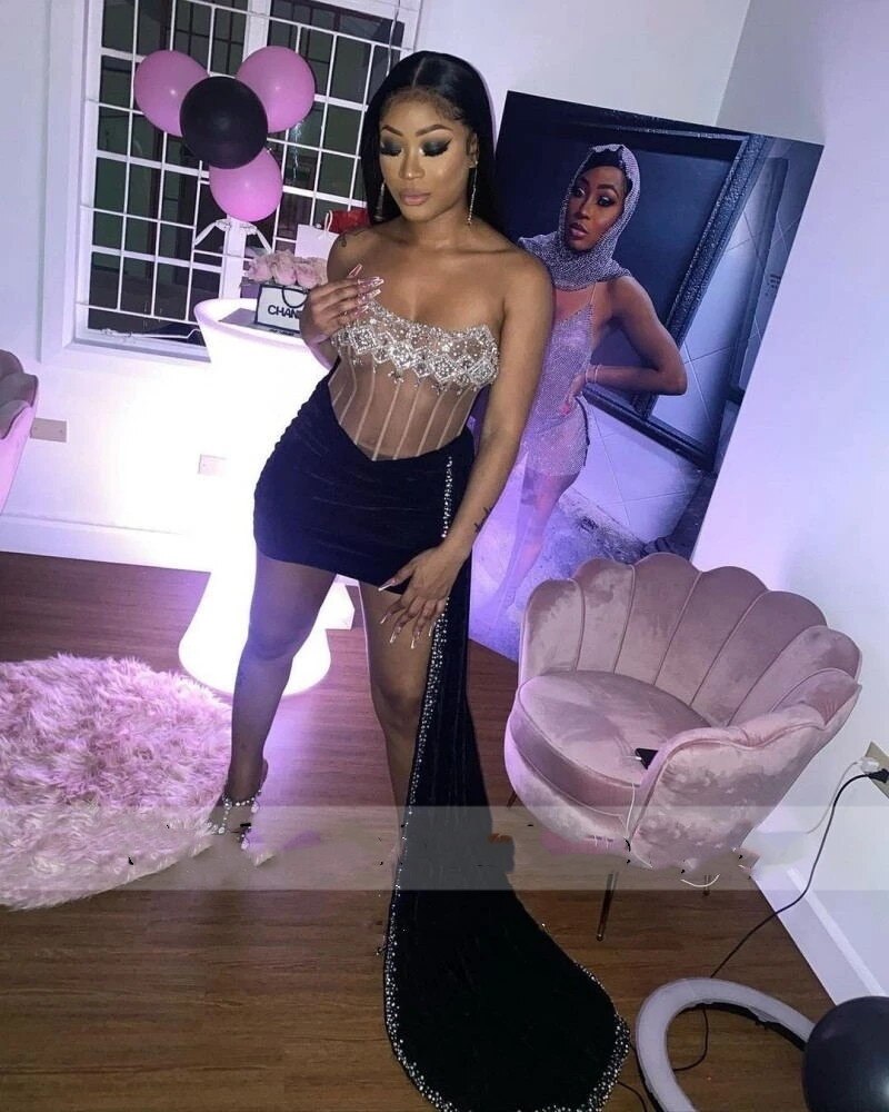 Sexy Short Black Velvet Prom Dresses For Black Girls Crystal Beads Pearls Birthday Party Cocktail Dress Robe De Bal