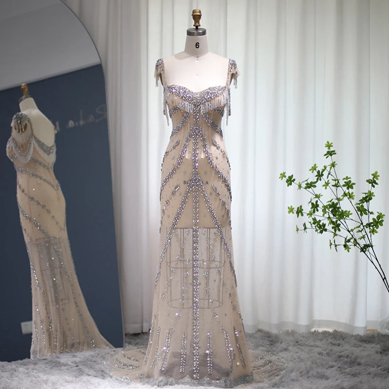 Mermaid Luxury Dubai Evening Dress Tassel Beads Long Prom Graduation Party Gown