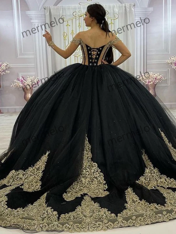 Black And Gold Appliqued Quinceanera Prom Dresses Sweet 16 Dress