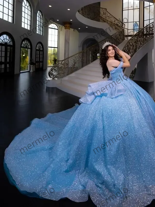 SKy Blue Quinceanera Dress Off Shoulder Crystal Beading Sequined