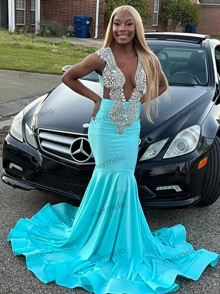 Green African American Prom Dresses For Black Girls Mermaid Sheer Crystals Elegant Robe De Soiree Evening Gown Customized