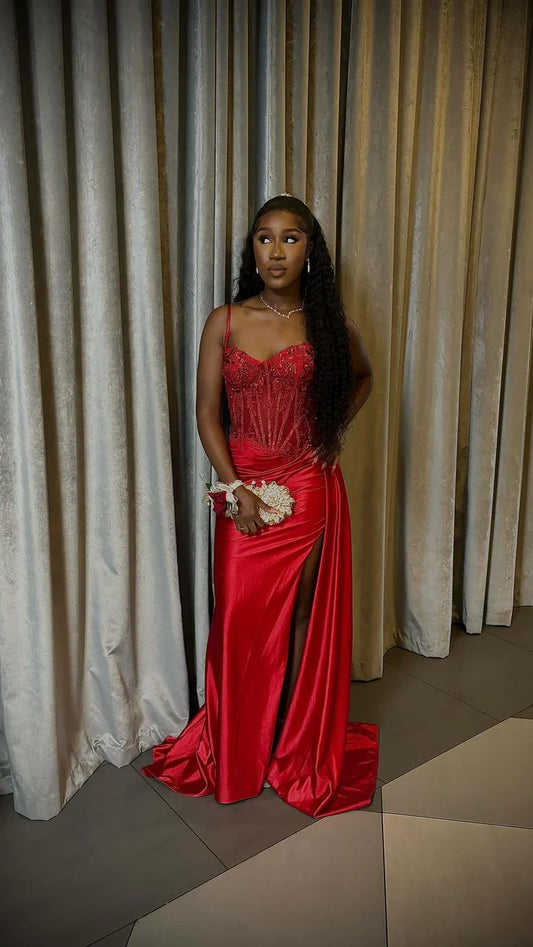 Pretty Mermaid Spaghetti Straps Slit Red Satin Prom Dresses Long Party Dress