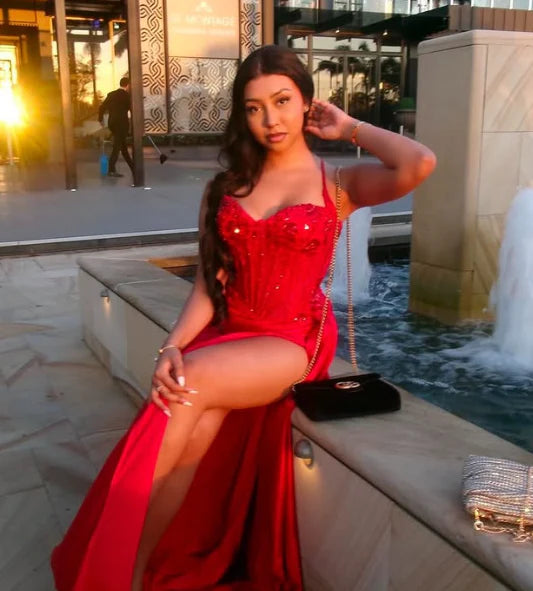 Pretty Mermaid Spaghetti Straps Slit Red Satin Prom Dresses Long Party Dress