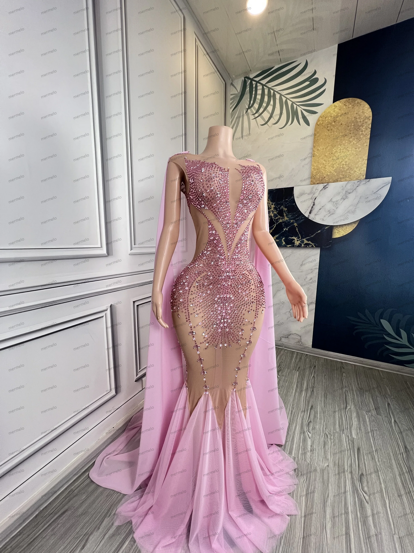 Luxury Sparkly Rhinestones Pink Mermaid Long Evening Dresses with Cape