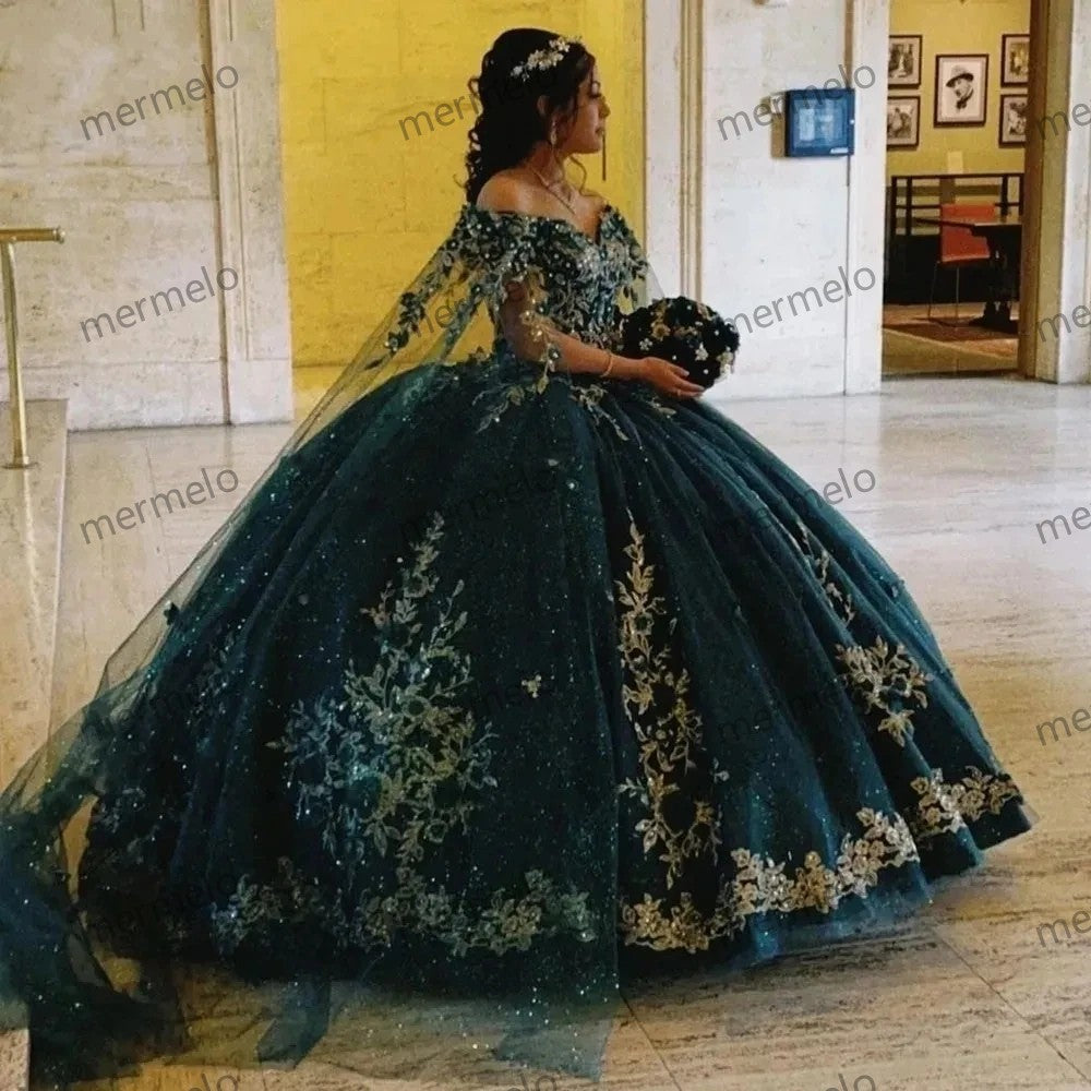 Green Quinceanera Dresses With Cape Gold 3D Flowers Beading Lace
