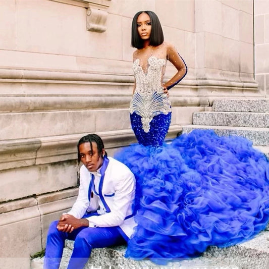 Royal Blue South African Prom Dresses Mermaid Long Sleeves Tulle Beded Black Girls Robe De Soiree Evening Gown Customized