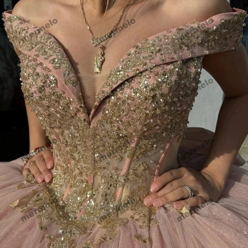 Pink Shiny Quinceanera Dresses Gold Lace Appliqued Crystal Off the Shoulder