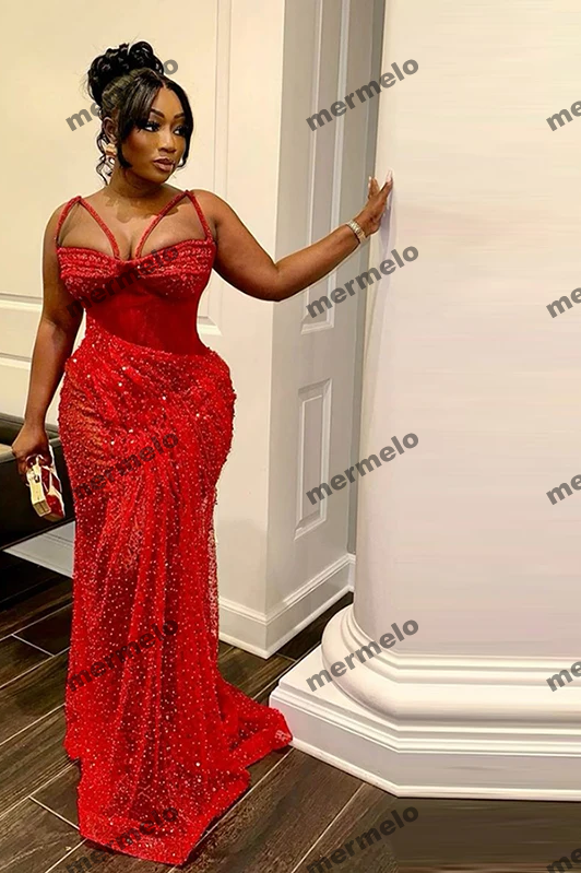 Sexy Red Aso Ebi Mermaid Prom Dresses Lace Pearls Beaded Spaghetti Evening Gowns African Girls Formal Occasion Party Dress