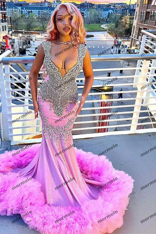 Exquisite Mermaid Bride Dresses Paillette Tulle Lace Draped Pleat Crystal Sleeveless Open Back Prom Dress Robe de soirée
