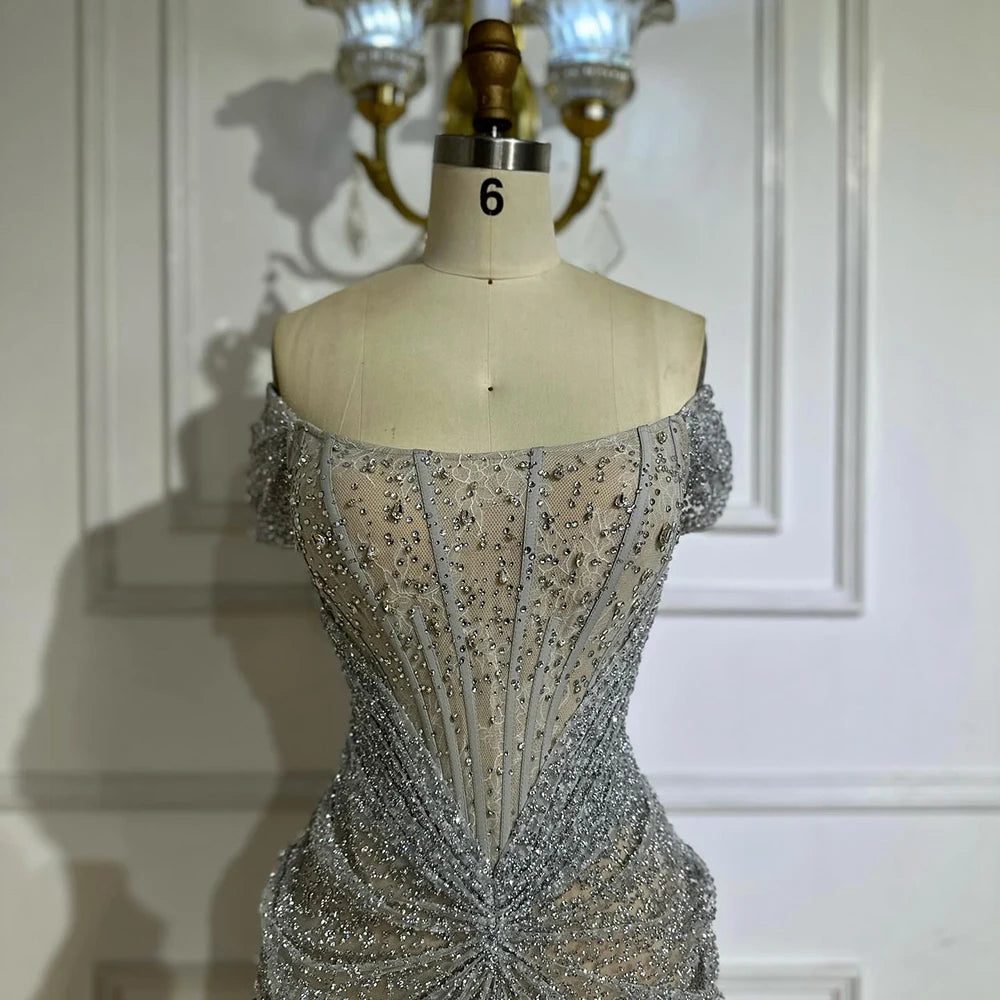 Silver Nude Off Shoulder Beaded Tulle Mermaid Evening Dresses Elegant Formal Gown