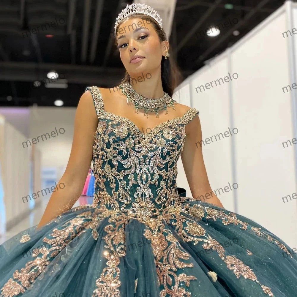 Glittering Quinceanera Dresses Gold Lace Appliques