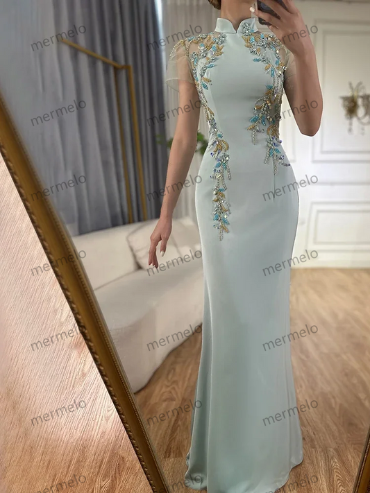 Customized 2025 Saudi Mint Mermaid Beaded Satin Evening Dress Gown with Corset for Formal Occasion