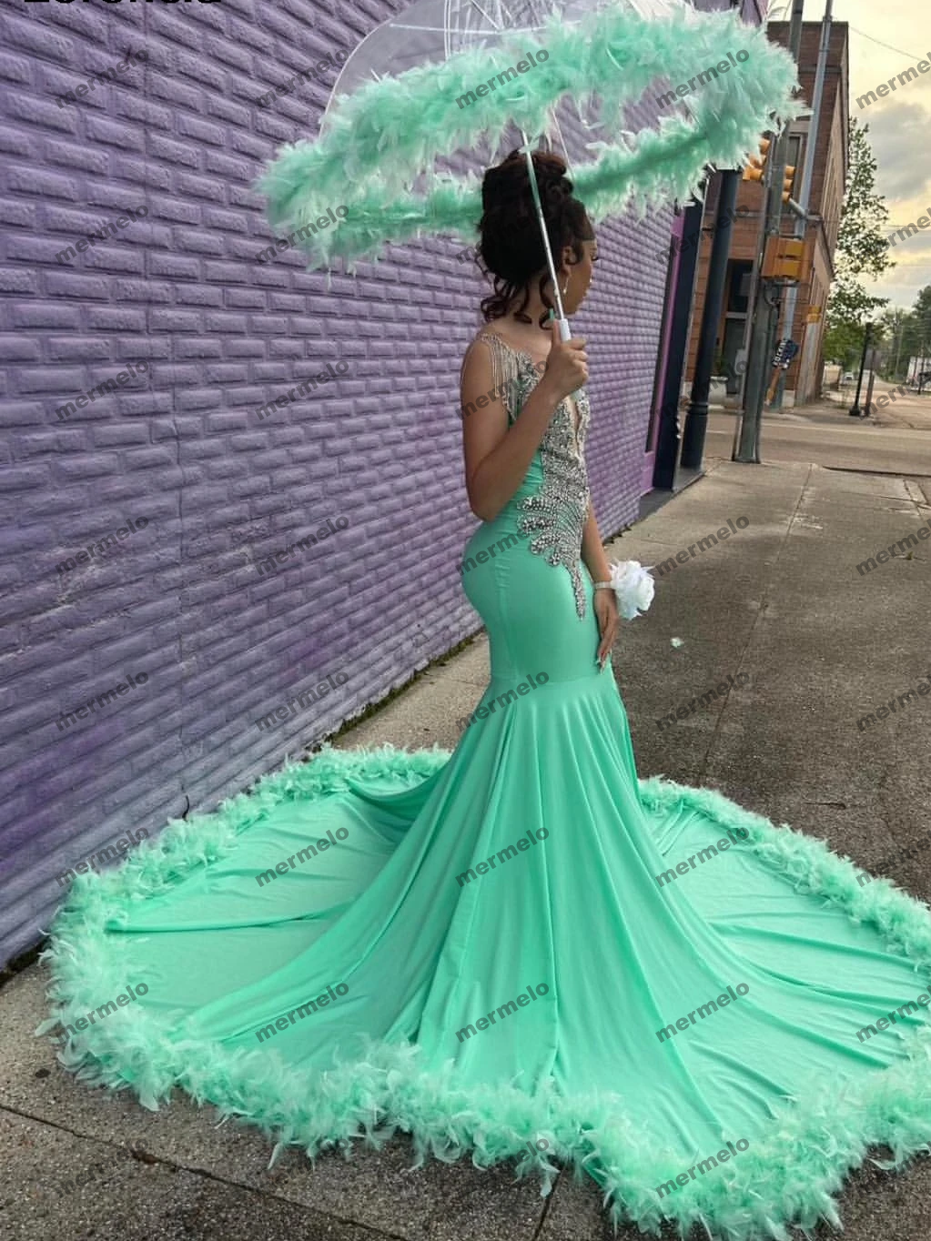 Mint Mermaid Prom Dress Luxury Silver Rhinestone Beads Black Girls Formal Gala Party Gown