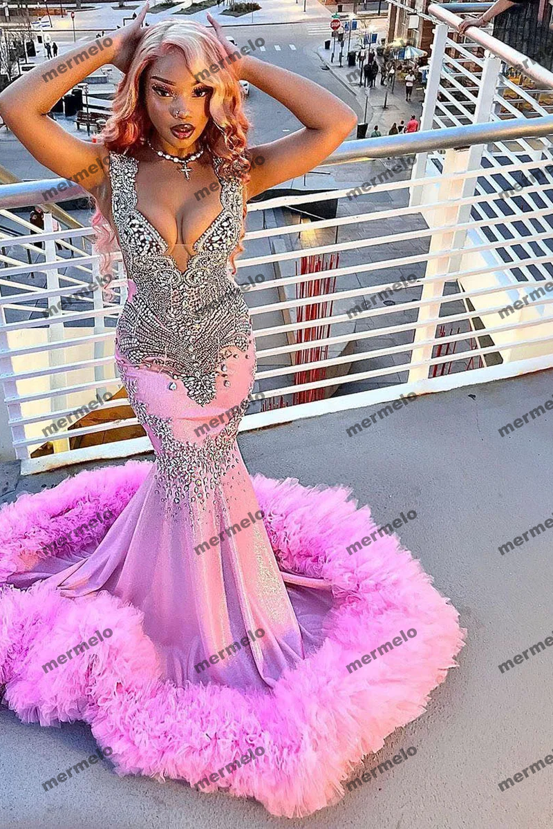 Exquisite Mermaid Bride Dresses Paillette Tulle Lace Draped Pleat Crystal Sleeveless Open Back Prom Dress Robe de soirée