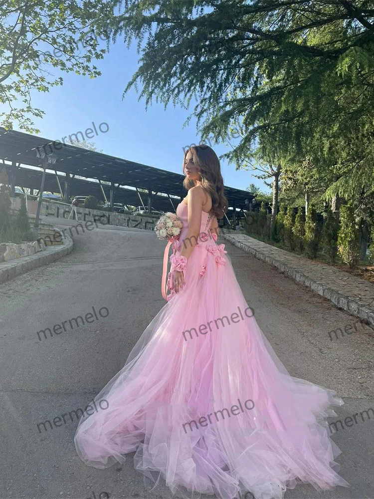 Baby Pink 3D Flowers Prom Dresses Strapless Slit Women Evening Gowns