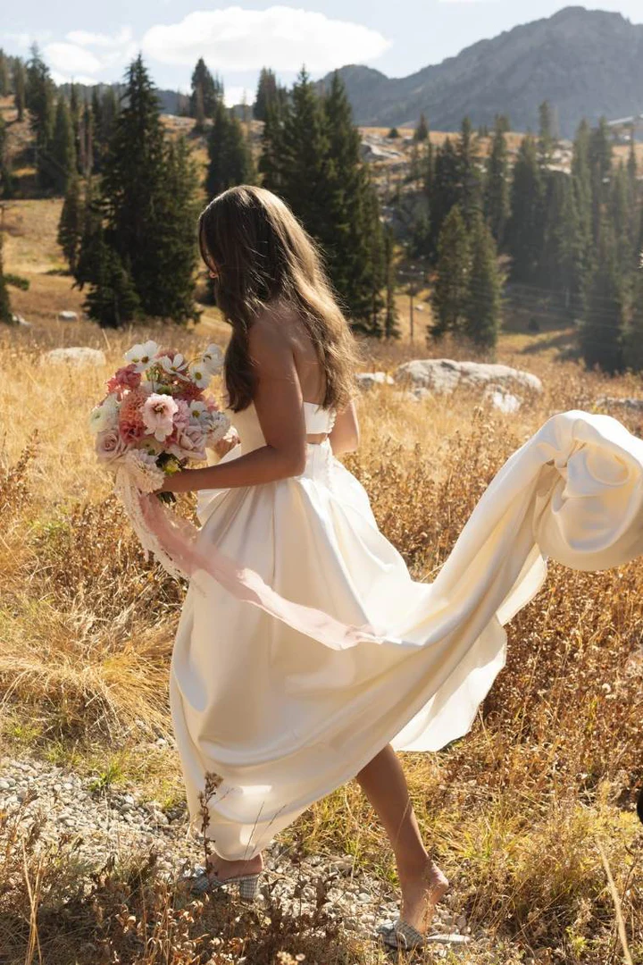 Satin A-Line Strapless Pleated Scoop Neck Long Beach Wedding Dress