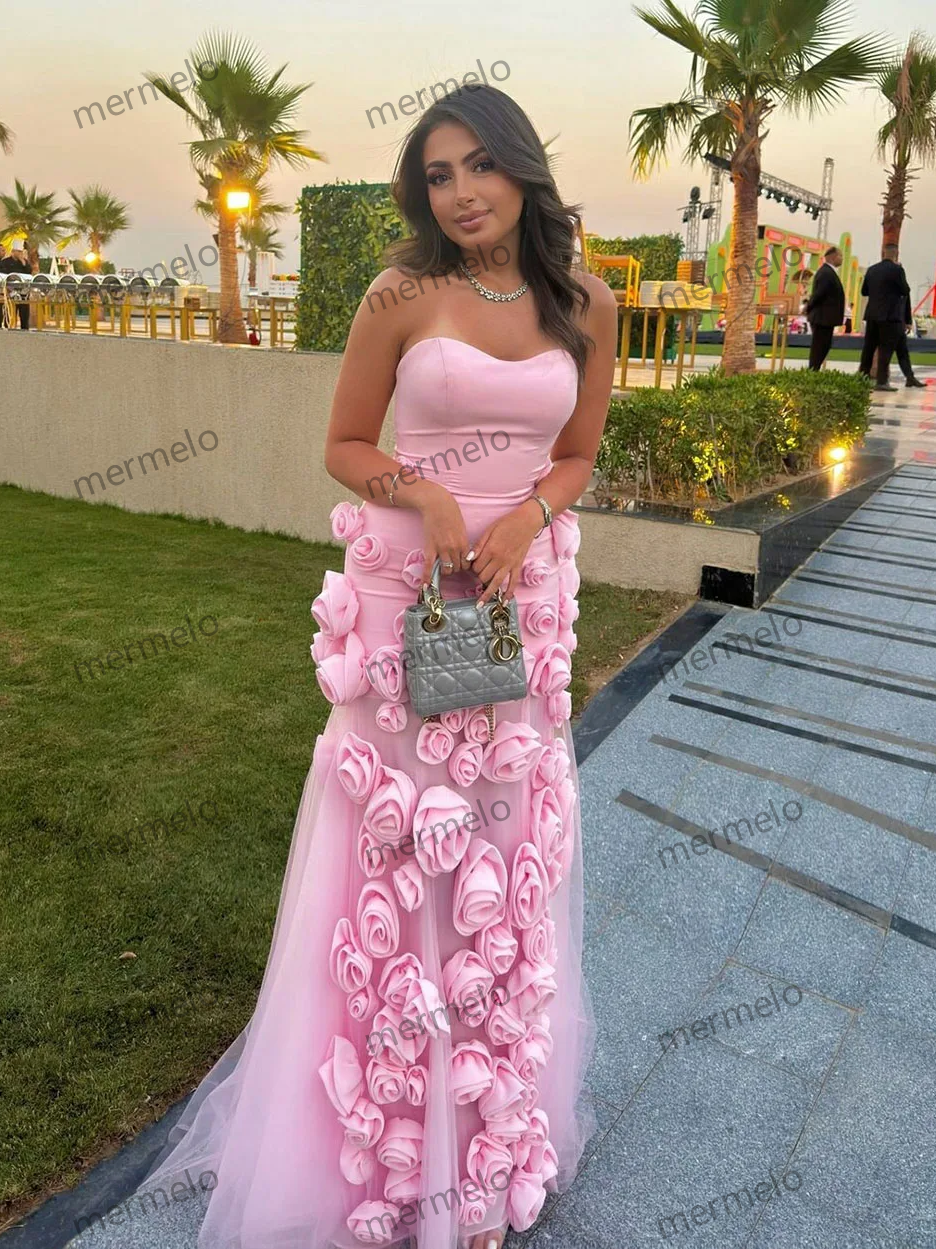 Baby Pink 3D Flowers Prom Dresses Strapless Slit Women Evening Gowns