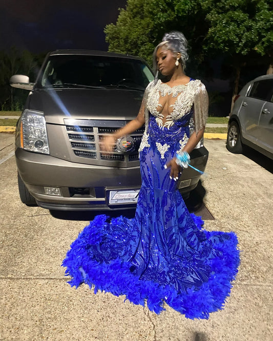 Sparkly Sequin Royal Blue Mermaid Prom Dresses Long for Black Girl 2025 Beading Tassel Applique Formal Evening Gowns Customized