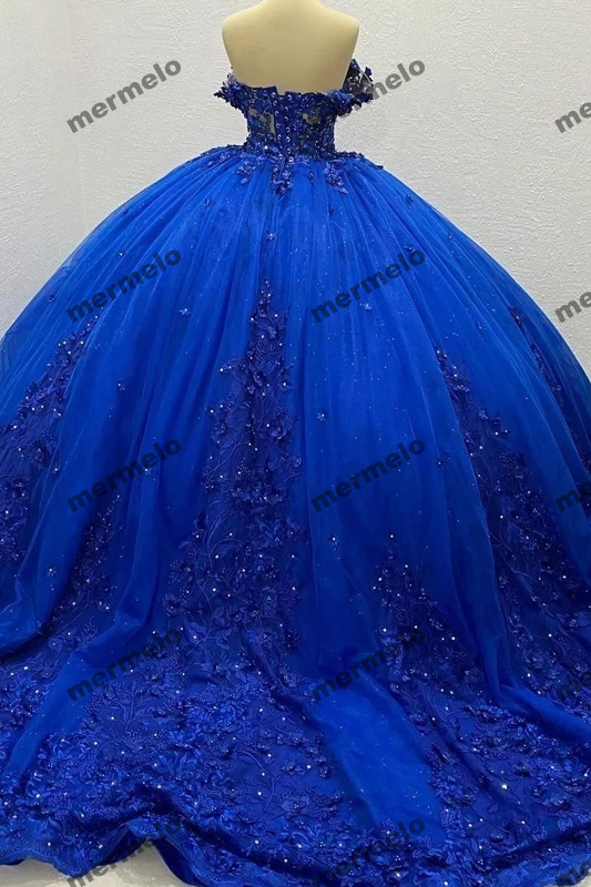 Royal Blue Quinceanera Dresses Shiny Lace Birthday Party Ball Gown