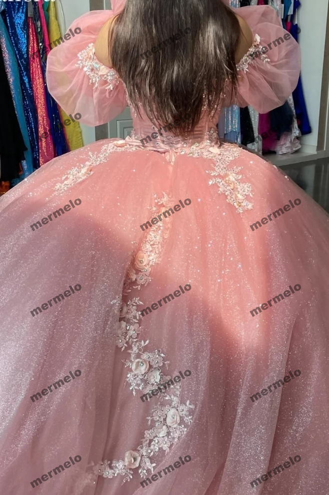 Pink Long Sleeve Quinceanera Dress Ball Gown Applique Beaded Sequins Corset Sweet 16