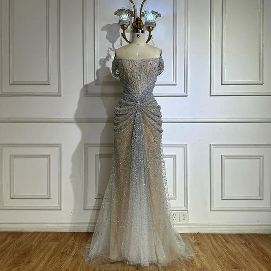 Silver Nude Off Shoulder Beaded Tulle Mermaid Evening Dresses Elegant Formal Gown
