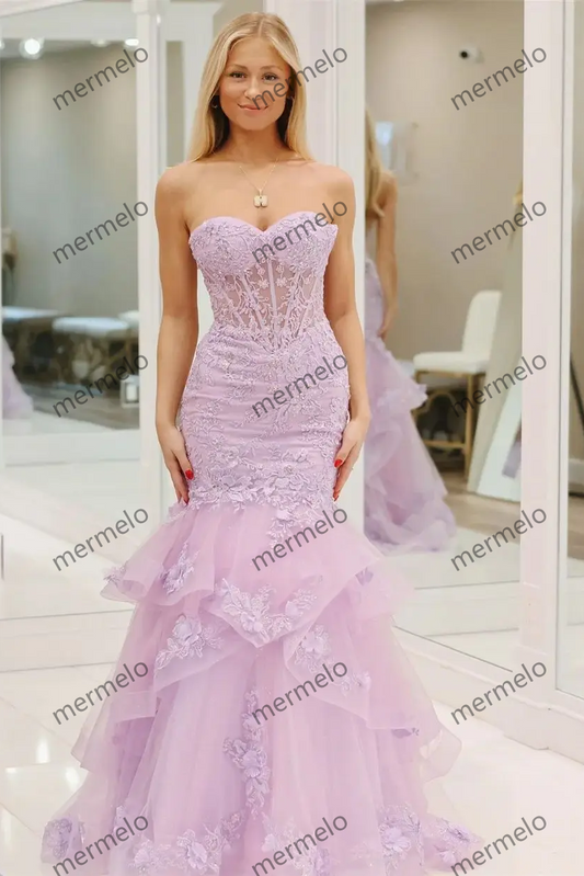 Strapless Mermaid Princess Lavender Lace Prom Dress