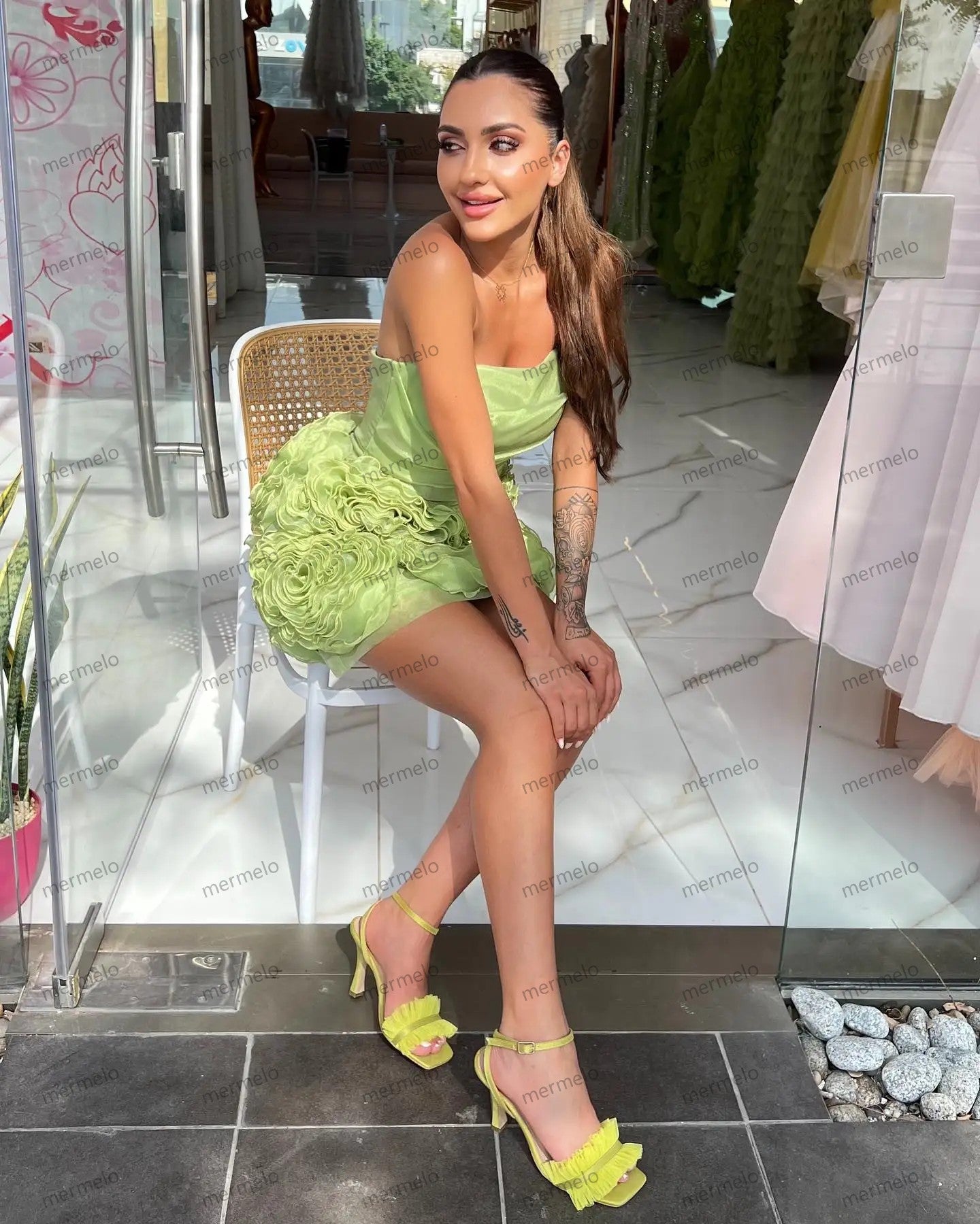 Grass Green Bloom Women Short Dresses To Birthday Wedding Party Pretty Flower Mini Propose Party Dress