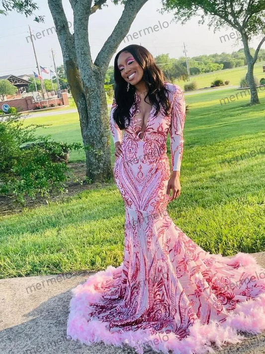 Sparkly Pink Mermaid Prom Party Dresses Long Sleeve Applique Feather Black Girl Birthday Queen Gown
