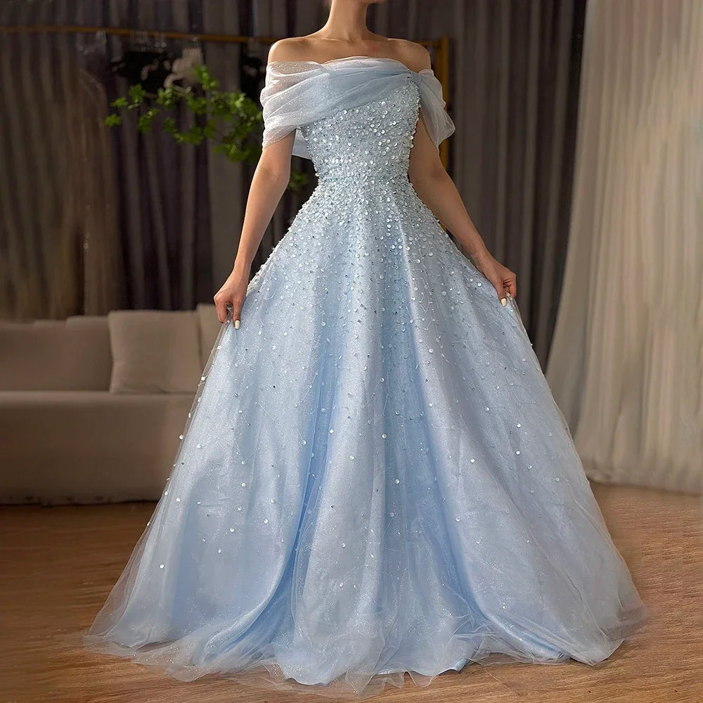 Arabic Blue Off The Shoulder Beaded Elegant A-Line Long Evening Dresses Gowns for Formal Occasion