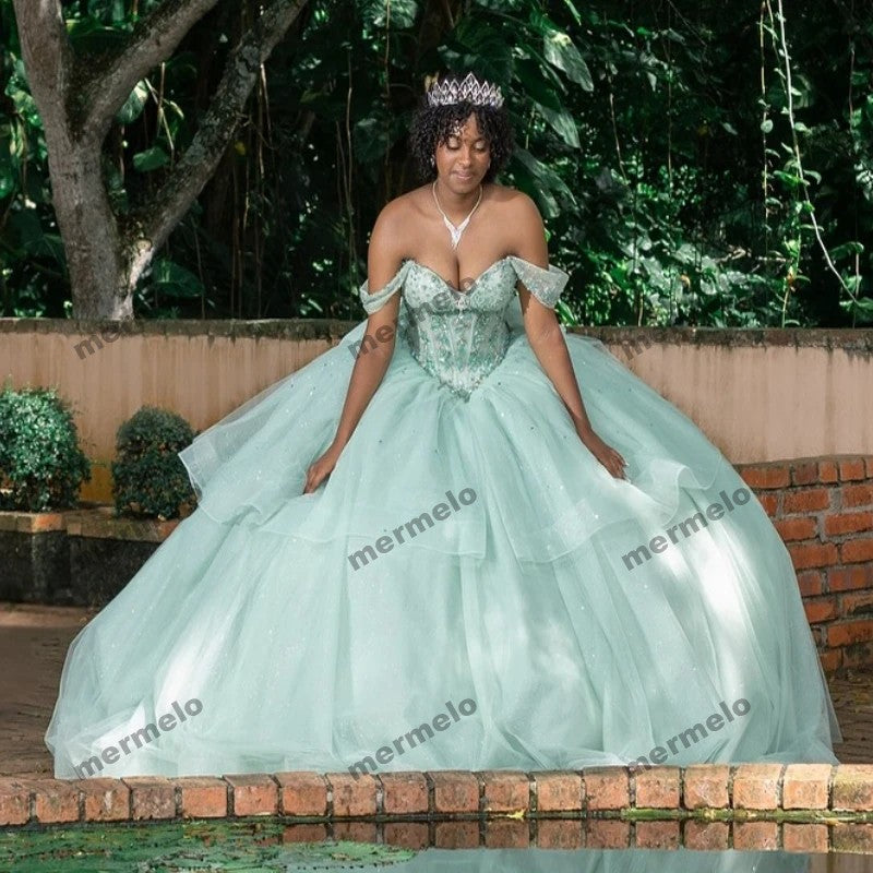 Mint Green Shiny Princess Quinceanera Dresses