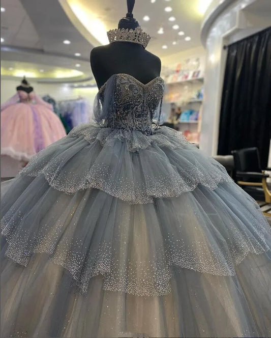 Grey Silver Princess Quinceanera Dresses Sparkly Crystal Beaded Corset Sweet 16 vestido aniversário de 15 anos Prom customsized
