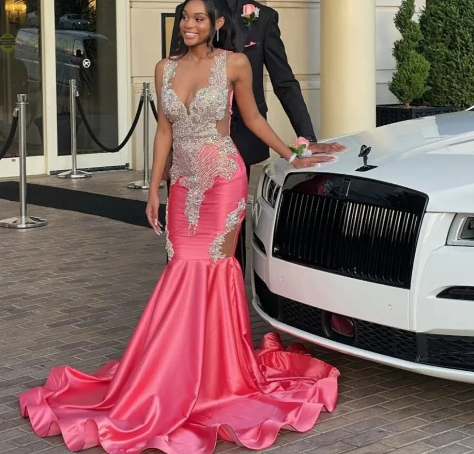 Pink Luxury African American Prom Dresses For Black Girls Mermaid Sheer Beaded Crystals Robe De Soiree Evening Gown Customized