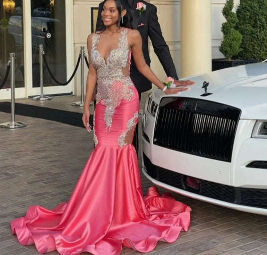 Pink Luxury African American Prom Dresses For Black Girls Mermaid Sheer Beaded Crystals Robe De Soiree Evening Gown Customized