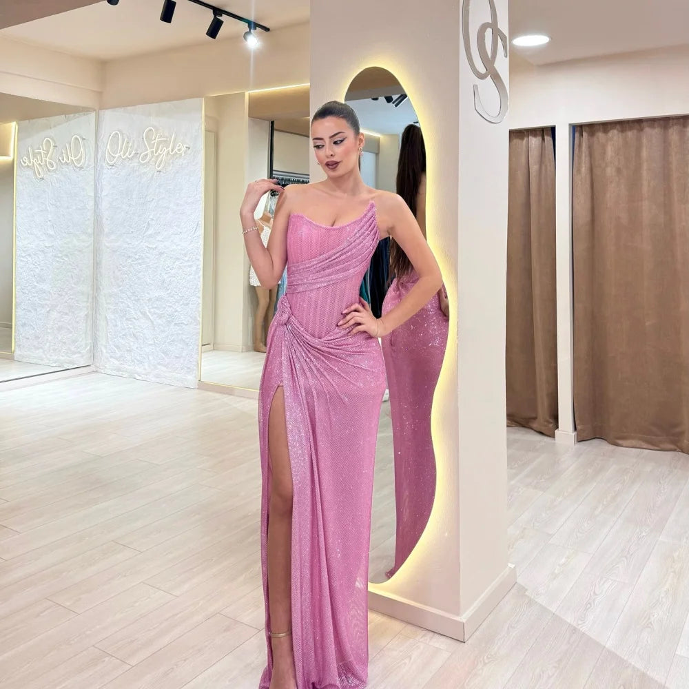 Customized Pink Sequin Side Slit robes de soirée Strapless Backless Sleeveless Party Dresses Floor-Length Prom Dress 2025
