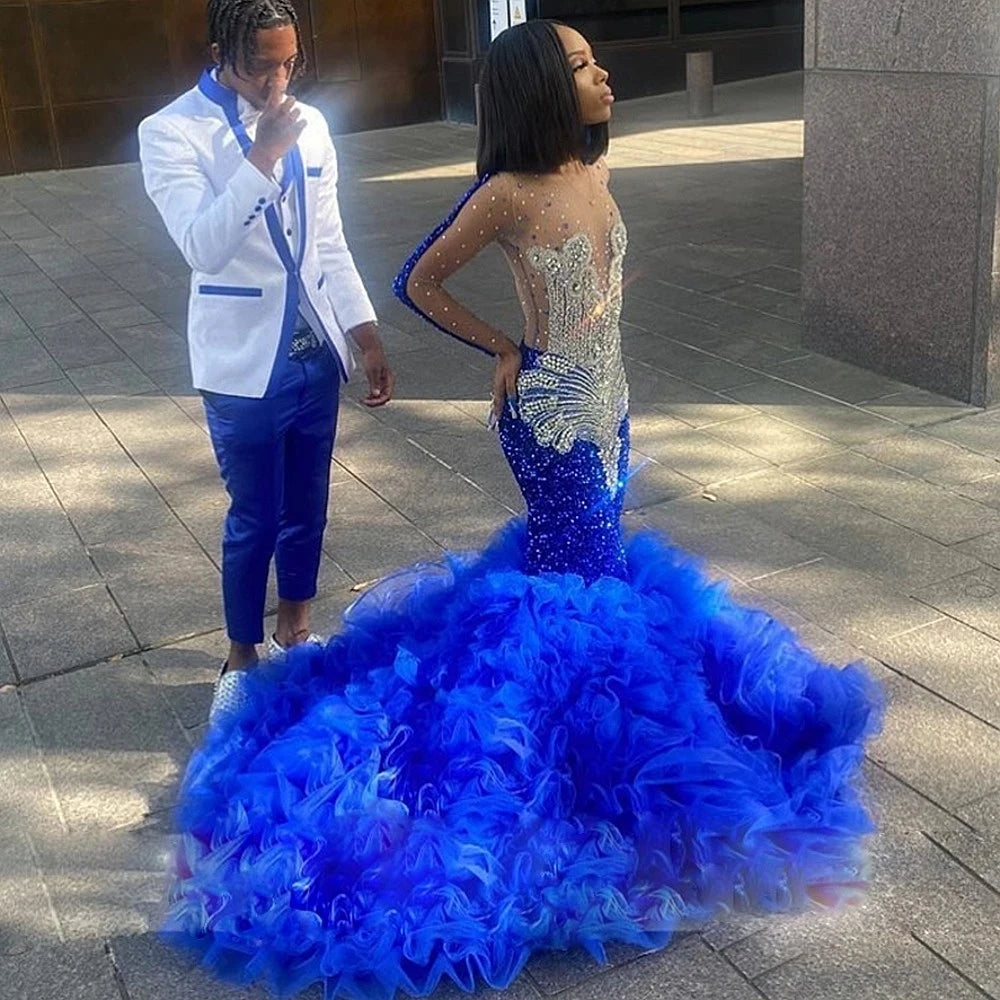 Royal Blue South African Prom Dresses Mermaid Long Sleeves Tulle Beded Black Girls Robe De Soiree Evening Gown Customized